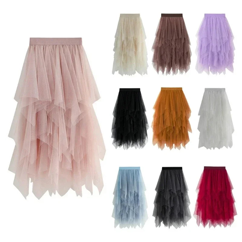 Solid Color A-Line Tulle Skirts for Women Girls Mesh Layered Skirt Summer High Elastic Waist Party Skirt Beach Club Fairy Skirts