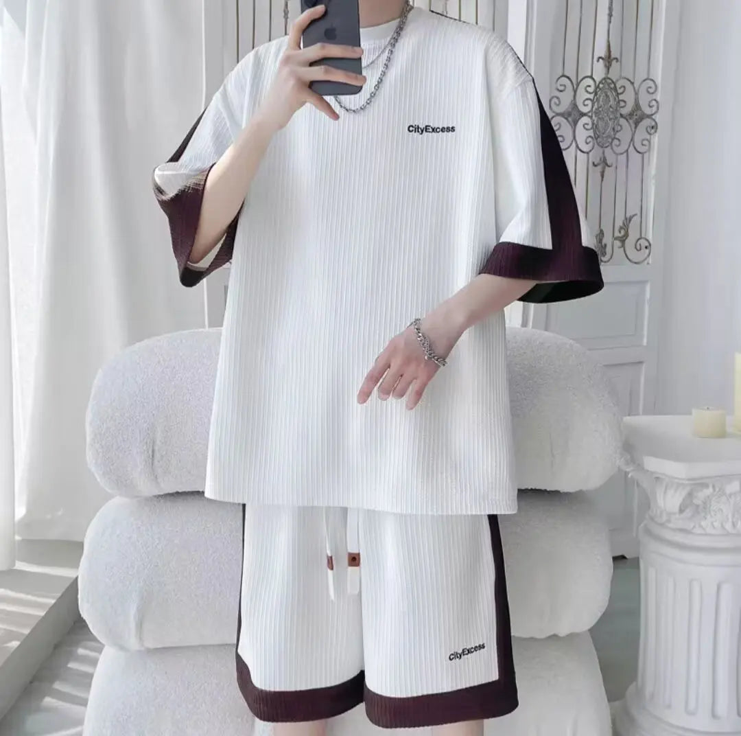 Summer Men'S Large Suit S-6Xl New Trendy Two Piece Set Korean High Street Fashion T-Shirt Shorts Tracksuits Designer Clothes Men