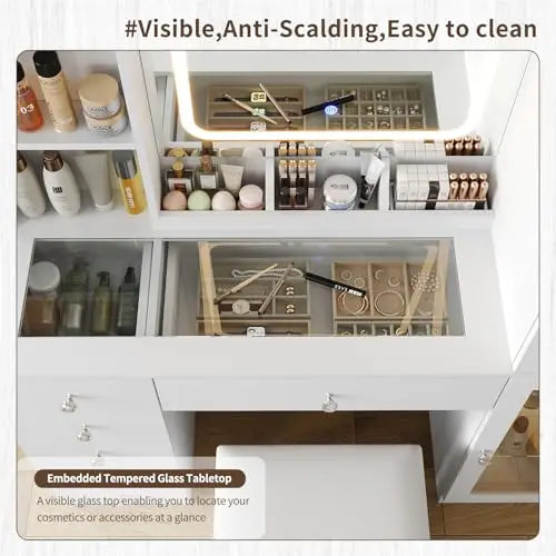 (Local US Inventory)Vanity Desk with LED Mirror and Charging Station Makeup Vanity with 2 Cabinets 3 Open Shelves 6 Drawers and