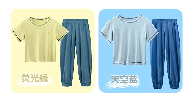 Teenage Boy Pajamas Summer Girl Short Sleeve Children's Clothing Sleepwear Silk Cotton Pyjamas Sets For Kids 4 8 9 12 13 14Years