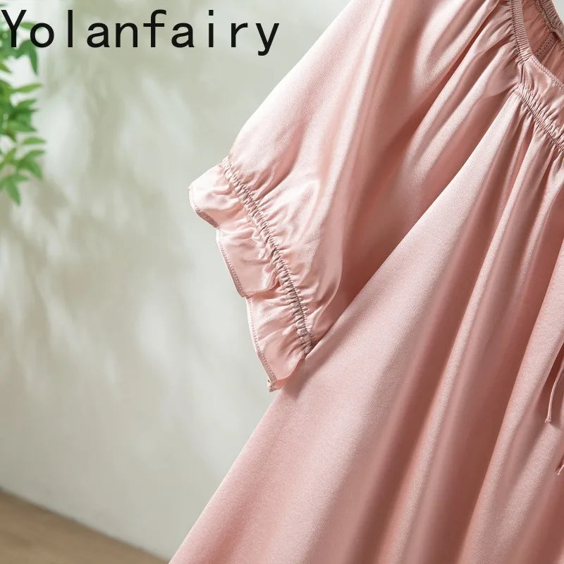 YOLANFAIRY 93% Real Mulberry Silk Pajamas for Woman 2026 Spring Summer High-end Sets Woman 2 Piece Short Sleeve Pijamas De Mujer
