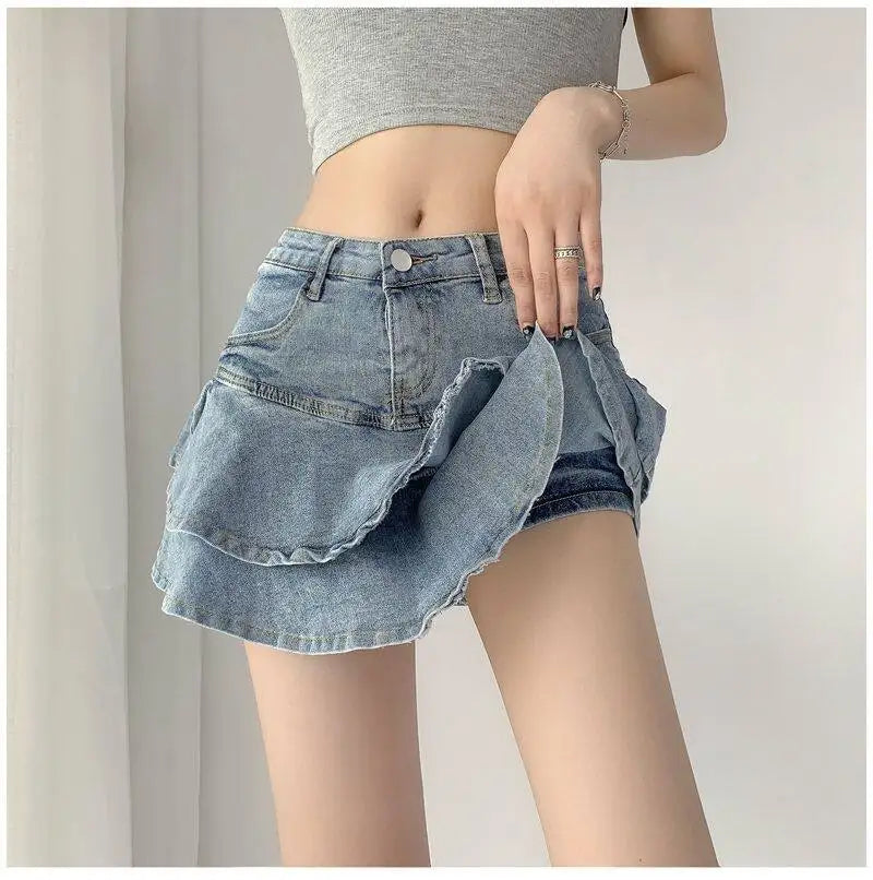 Harajuku Y2k Kawaii Hot Girl Denim Skirt College Style Women Pleated Skirt Jeans Casual High Waist Mini A-line Short Skirt