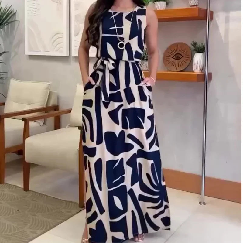 Boho Maxi Dress  Fashion Print Sleeveless Dress for Women Summer Slit Lace-up Long Robes Holiday Beach Dresses Party Vestidos