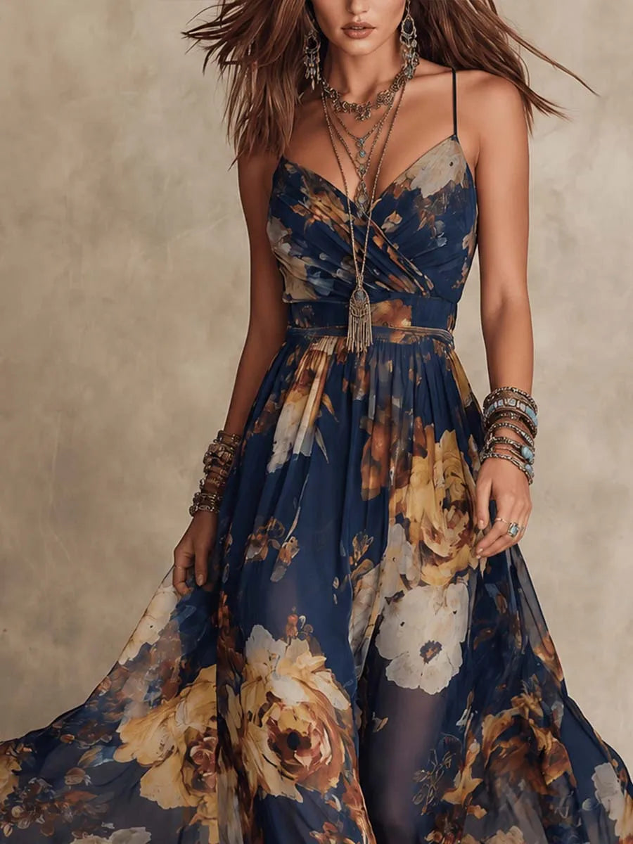 New Women Boho Floral Print Maxi Dress Elegant Spaghetti Strap V Neck Sleeveless Slim Waist A-Line Long Flowing Beach Sundress
