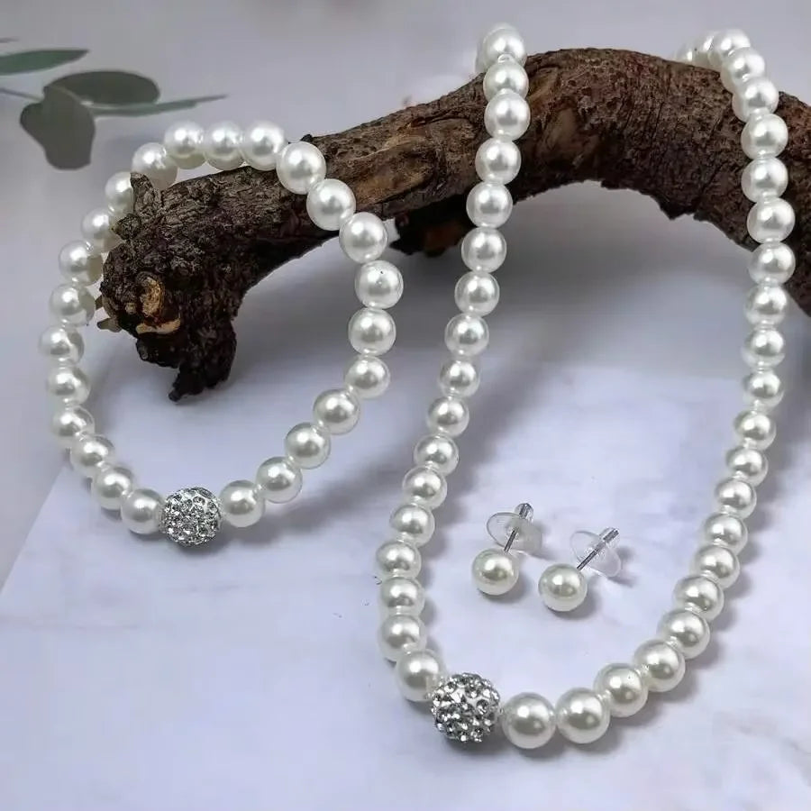 3 Pcs Set Imitation Pearl Fireball Necklace Bracelet Earring Stud Jewelry Set Silver Color Crystal Stone Elegant Bridal Jewelry