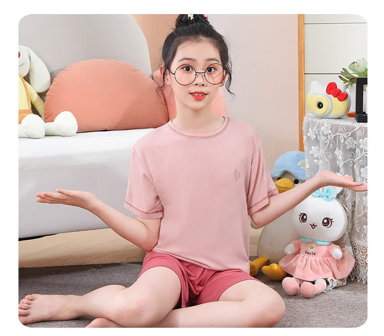 Teenage Boy Pajamas Summer Girl Short Sleeve Children's Clothing Sleepwear Silk Cotton Pyjamas Sets For Kids 4 8 9 12 13 14Years