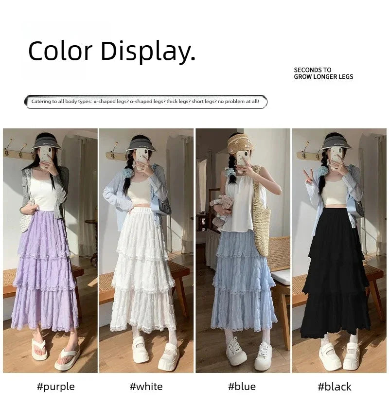 Sweet Lace Ruffles Long Skirt Women Summer Cute Puff Cake A Line Skirt Woman Korean Style High Waist White Chiffon Tulle Skirt