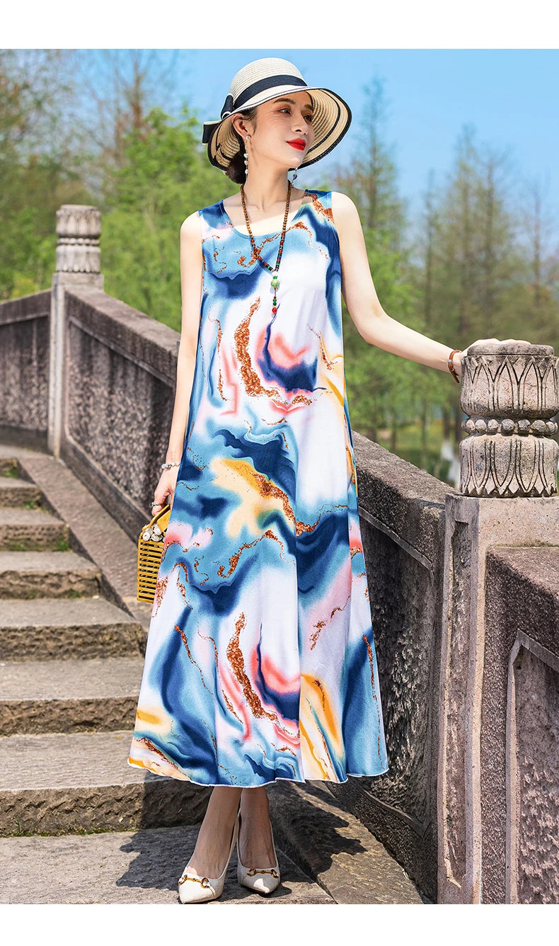 New Women Summer Dresses Vintage Dress FashionRobe Plus Size Sleeveless Femme Casual Print Dresses