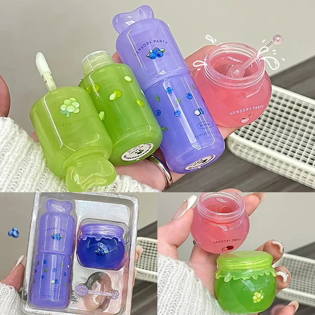 Blueberry Peach Lip Balm & Lip Gloss Set Light Hydrating Formula Relieve Dry Lips Remove Dead Skin Soothing Tender Lip Care