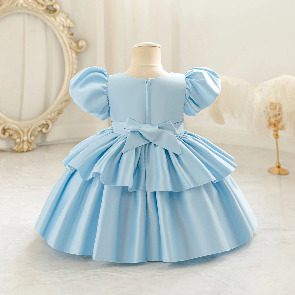 HETISO Baby Girls Appliques Flower Solid Satin Princess Fashion Dresses Ball Gown for Party Birthday New Year 6M-4 Years
