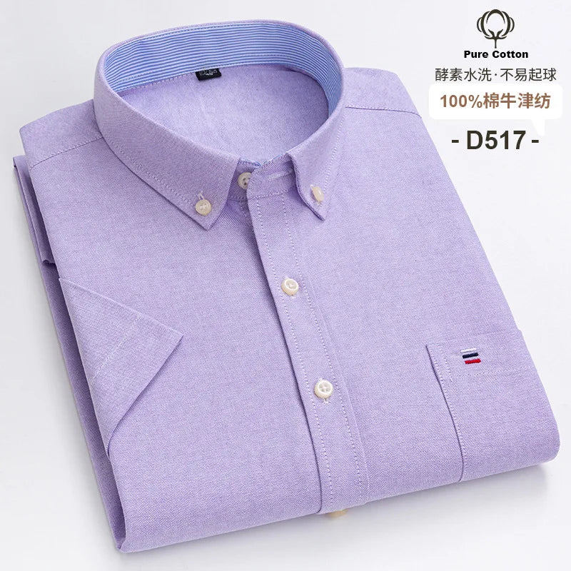 7XL Classic Men's Short Sleeve Shirt 100% Oxford Cotton Casual Plaid Stripe Shirt Business Men's Shirts Short Sleeve Large Size