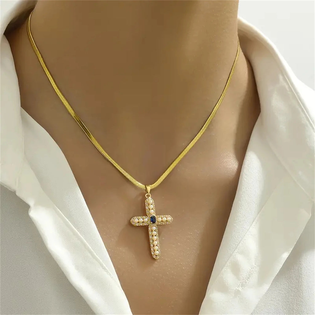Zircon Pearl Cross Pendant Charms Chain Necklaces Ladies Fashion Exquisite Jewelry Gifts San125
