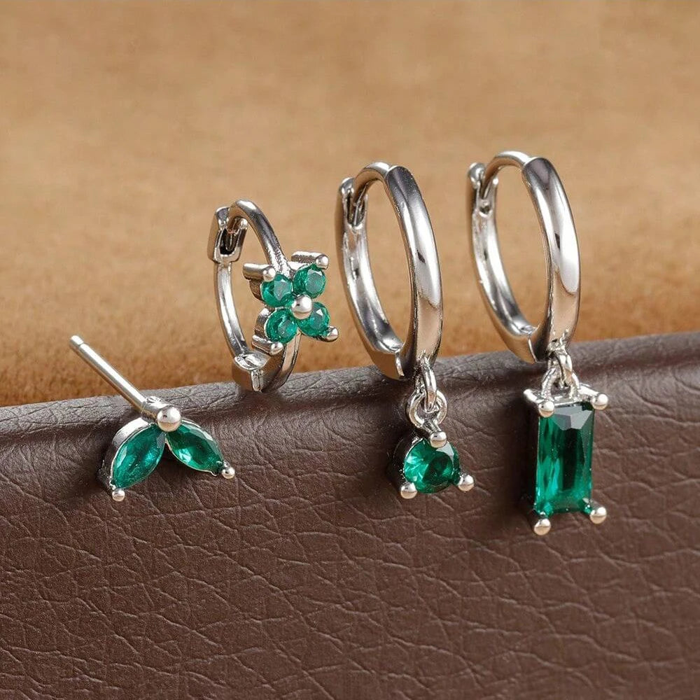 Cubic Zirconia Flower Hoop Earrings 4 Piece Set 18K Gold Plated Stainless Steel For Women