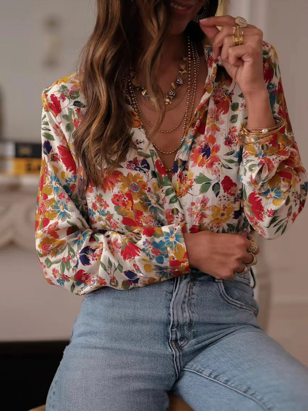 Women's Casual Printed Collar Shirt - Long Sleeve Loose Fit Top
