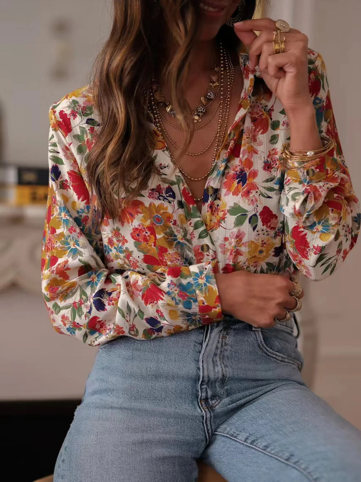 Women's Casual Printed Collar Shirt - Long Sleeve Loose Fit Top