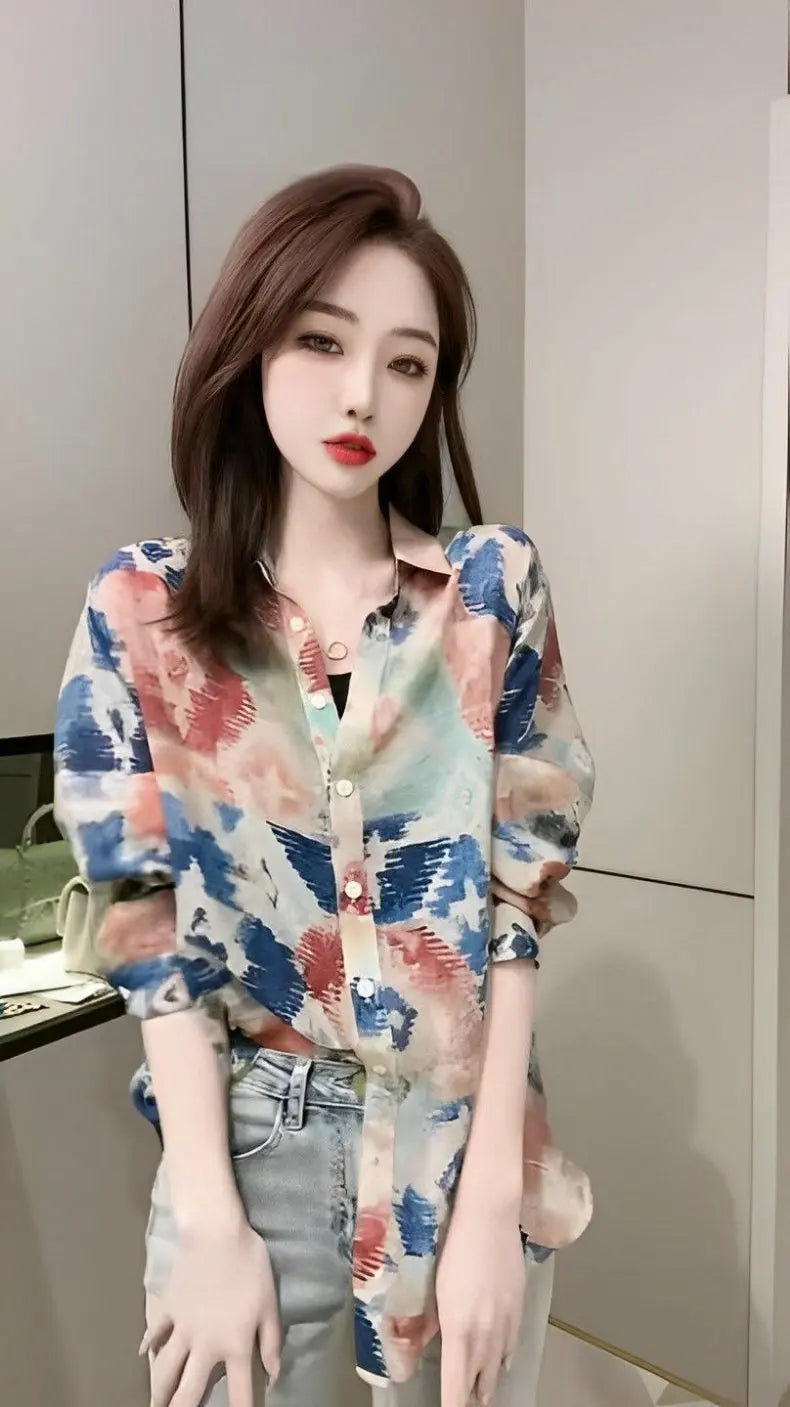 Spring 2026 Floral Print Loose Long Sleeve Women's Shirt Fashionable Versatile Korean Style Commute Polonaise Polyester Fiber