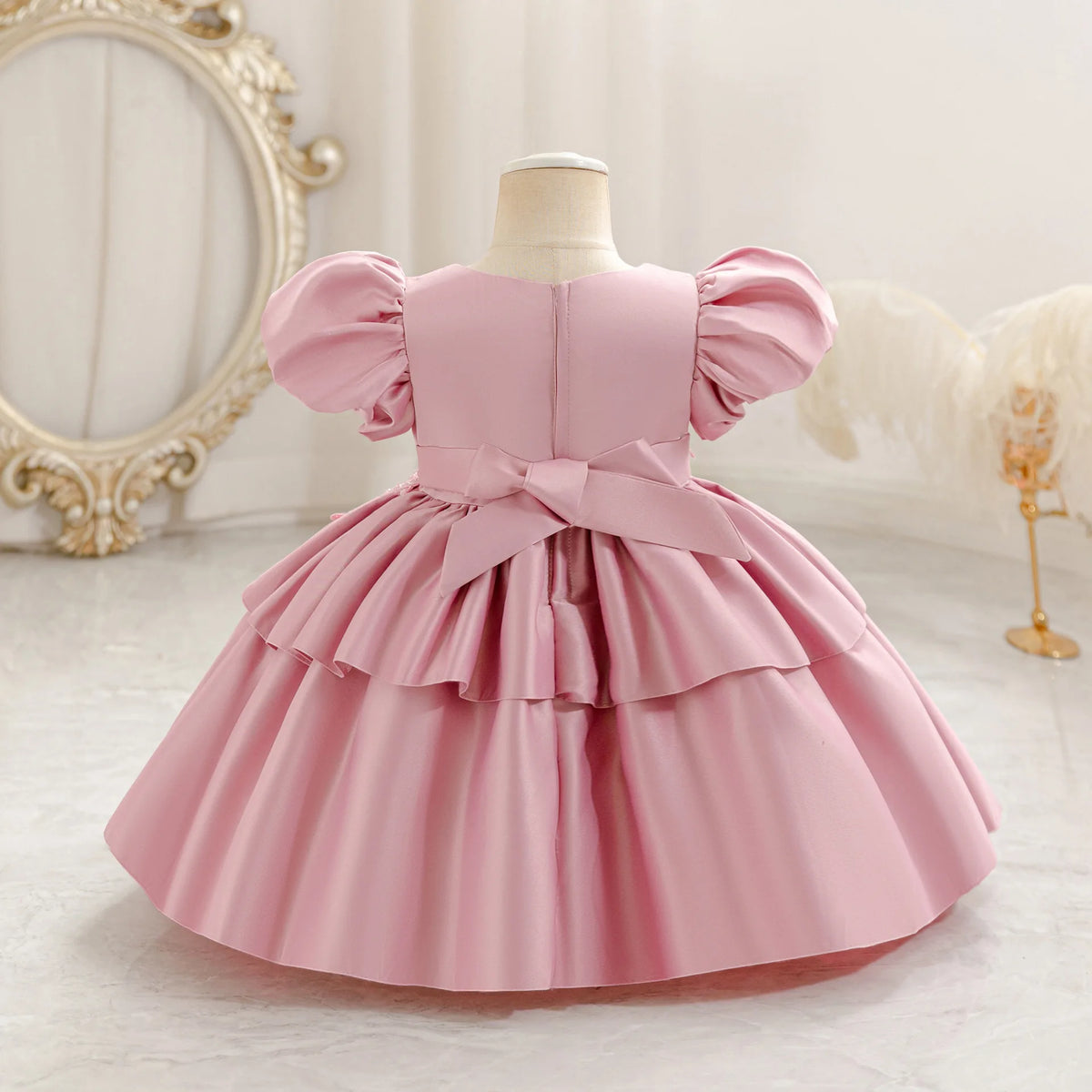 HETISO Baby Girls Appliques Flower Solid Satin Princess Fashion Dresses Ball Gown for Party Birthday New Year 6M-4 Years