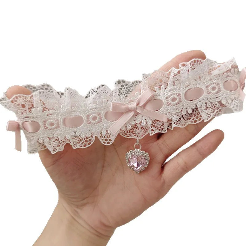 30Cm Lace Bow Necklace Sweet Love Heart Gem Charm Lolita Girls Necklace Cosplay Collar Chains Dancing Jewelry For Wedding