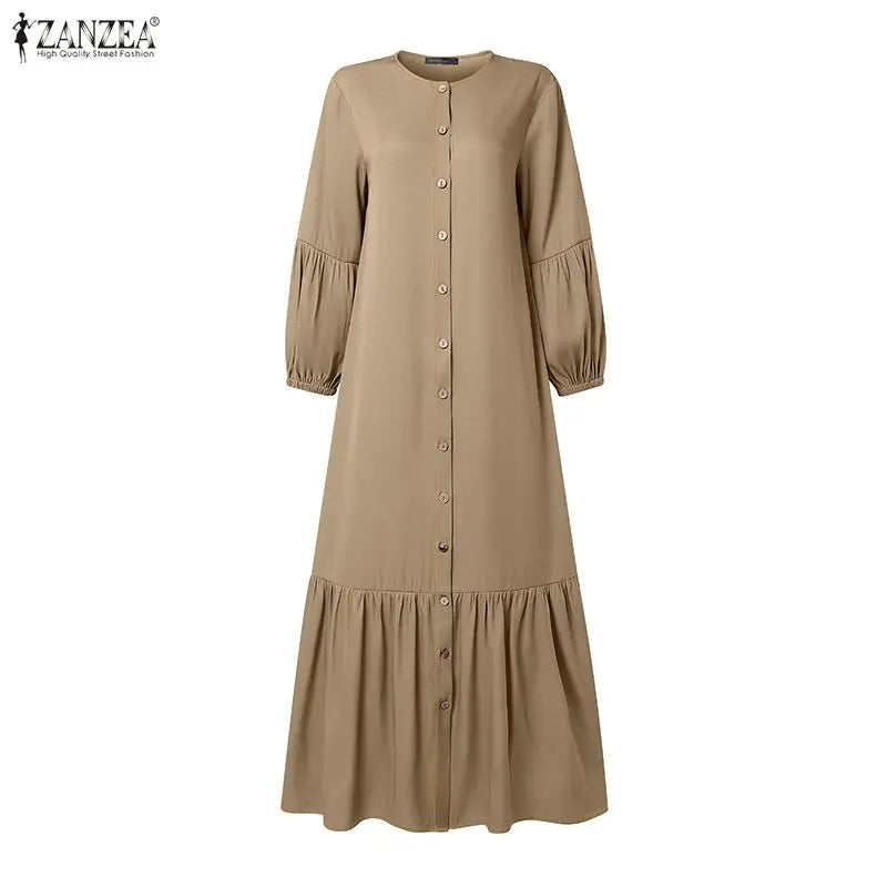 Modest Fashion Women Denim-Like Maxi Dress O-Neck Lantern Sleeve Button Up Abaya Robes ZANZEA Muslim Islamic Hijabis Kaftan
