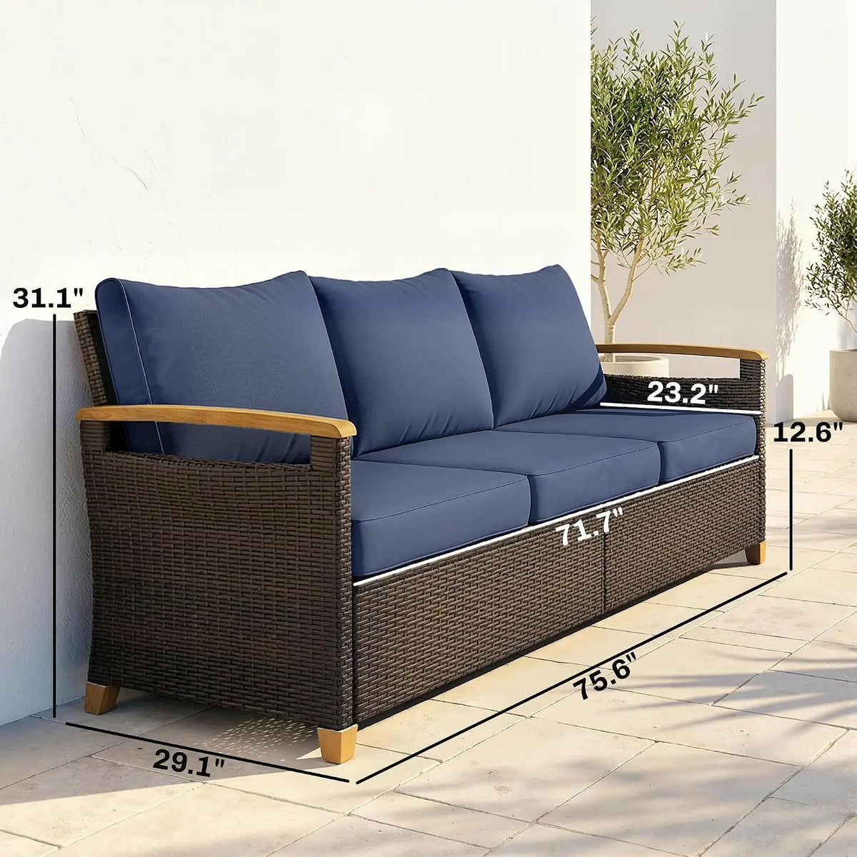 3 Seater Outdoor Wicker Sofa with 4" Foam Cushions for Patio Garden, Customized