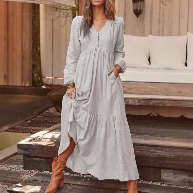 Loose Long Sleeve Cotton Linen Dress Retro Button Spring Autumn Vacation Women Skirt