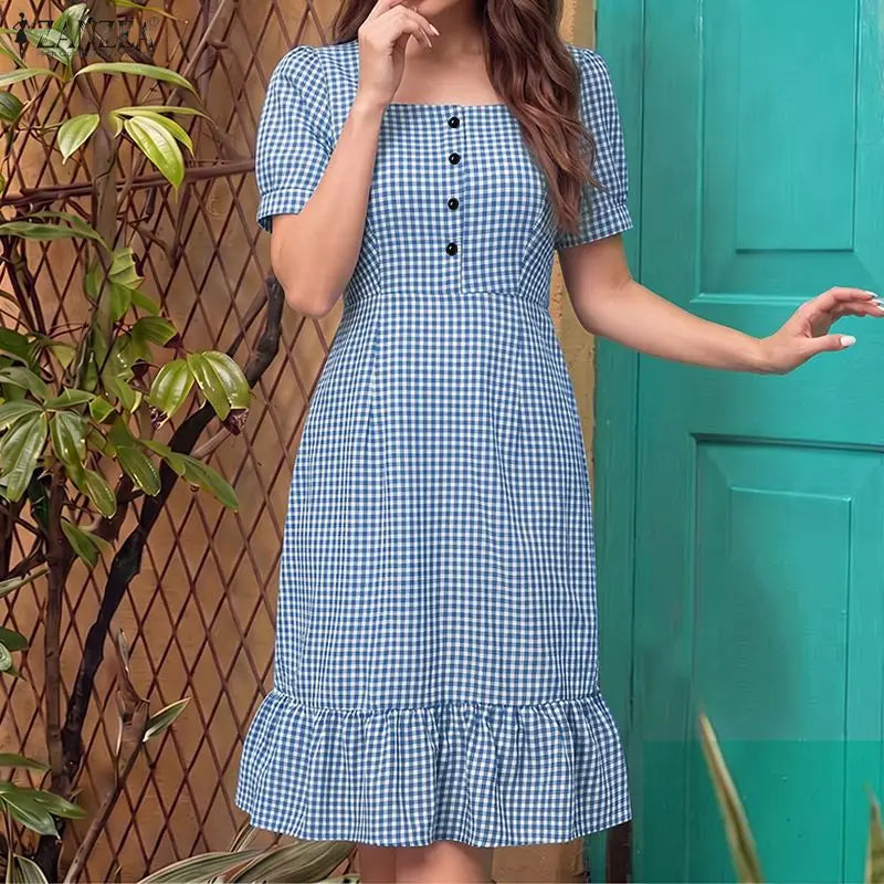 Woman Vintage Suqare Neck Gingham Knee-Length Dress Casual Puff Sleeves Ruffled Hem Dresses ZANZEA Summer Daily Wear Vestidos