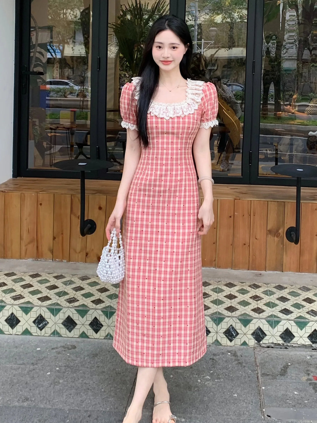 Plus Size Red Plaid A-Line Dress | High Waist Lace Trim Korean Style