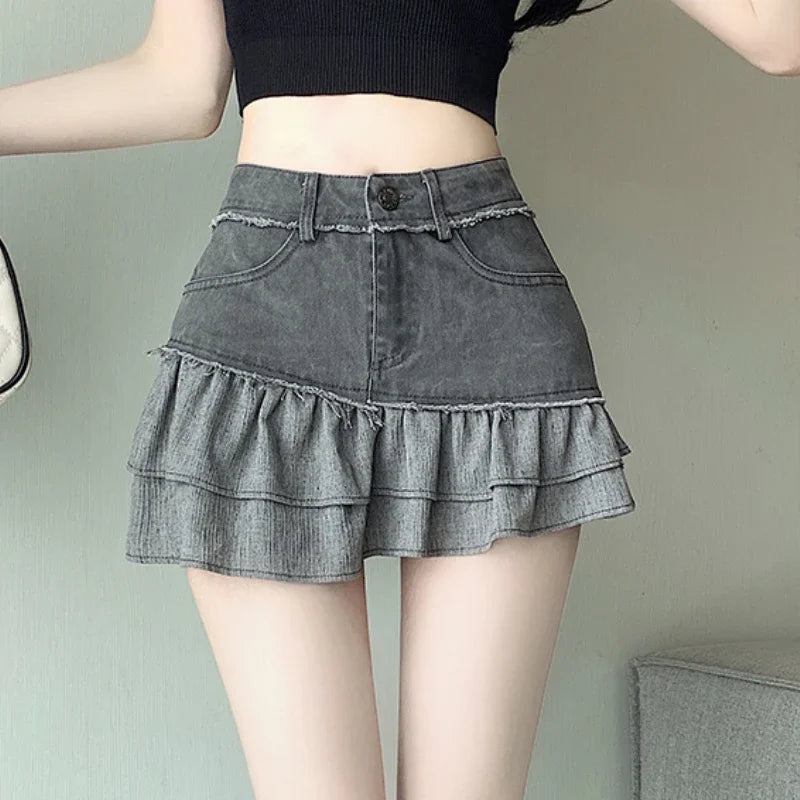 Fashion 2025 New Denim Patchwork Ruffle Denim Skirts Women Summer Retro High Waist Slim Skirts Woman