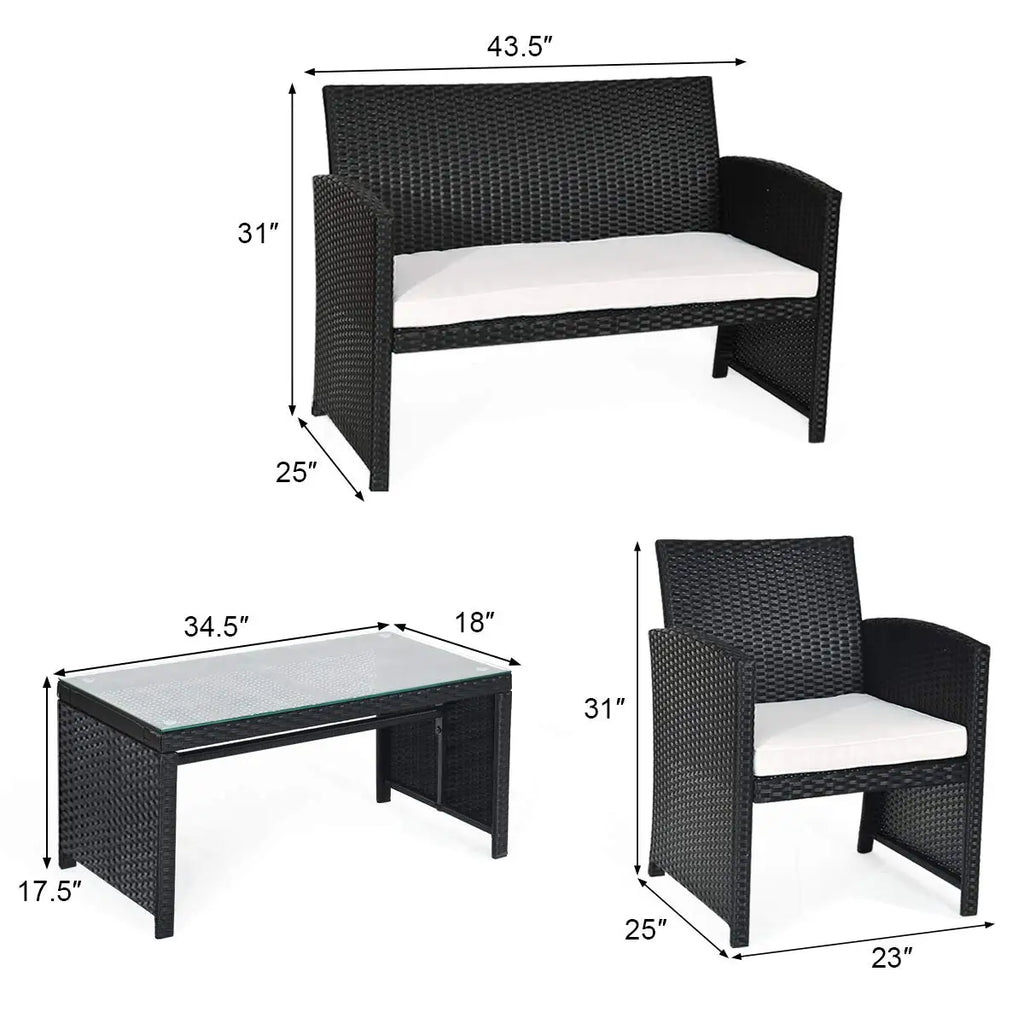 Outdoor Rattan Wicker Patio Furniture Set 4 Pieces Sofa & Table W/Cushions & Tempered Glass For Garden Lawn Backyard, Customized