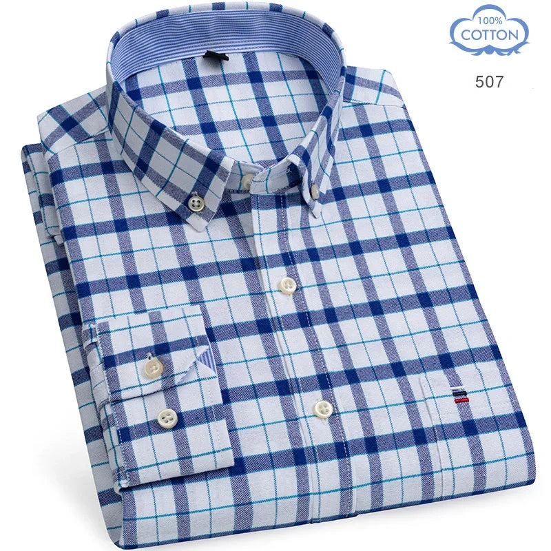 100 Percent Cotton Oxford Shirt For Men Long Sleeve Plaid Pattern Business Office Wear Smart Casual