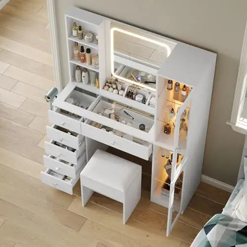 (Local US Inventory)Vanity Desk with LED Mirror and Charging Station Makeup Vanity with 2 Cabinets 3 Open Shelves 6 Drawers and