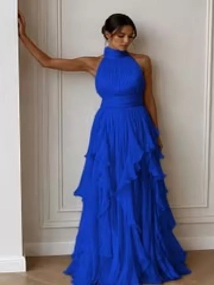 Women Mock Neck Sleeveless Tiered Ruffle Maxi Dress Draped Flowy Long Gown Formal Wedding Guest Evening Party Dresses