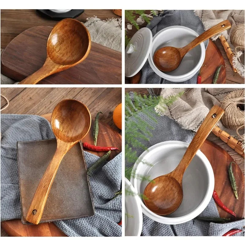 Large Wooden Soup Spoons Long Handle Heat-resistant Rice Scoops Portable Hanging Cookware Home Kitchen Restaurant Cooking Tools