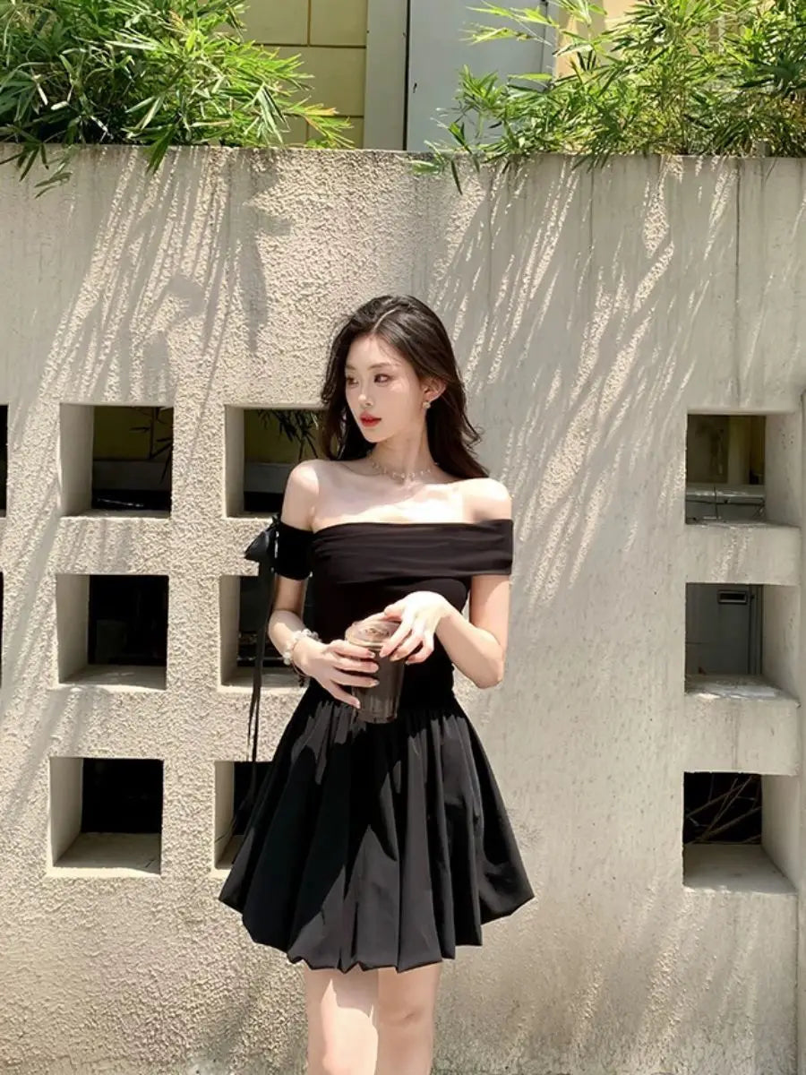 Black Off Shoulder Mini Dress With Bow Decor Ruched Waist Flared Silhouette For Women
