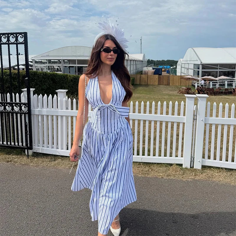 Fashion Sleeveless Slim Fit Long Vestidos New Summer Autumn Commuting Party Dresses Sexy Halter Bow Lace Up Woman Maxi Dress