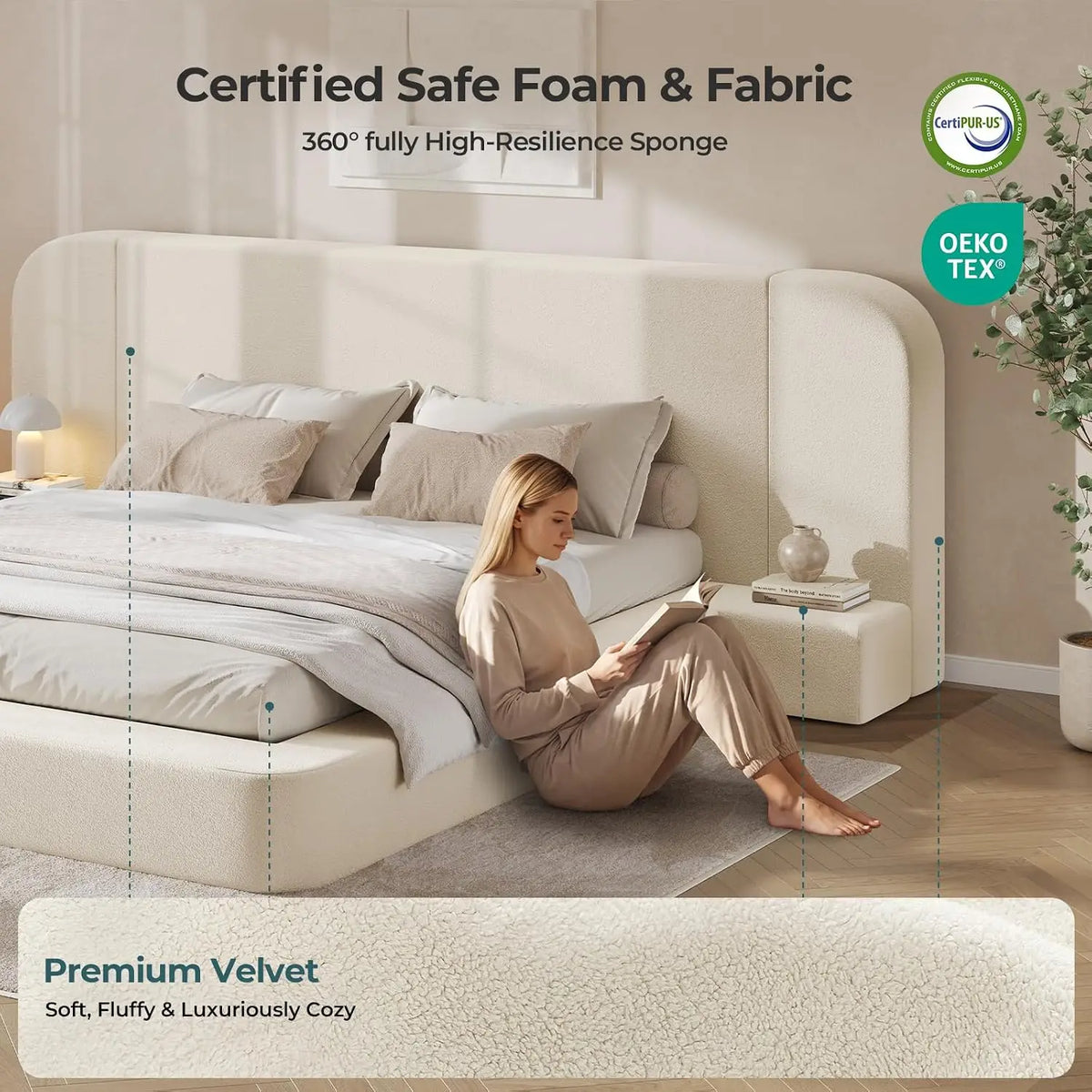 Upholstered King Bed Frame with Headboard & Nightstands, Beige, 110" Wide, 4.9" Foam, Noise-Free, No Box Spring, Customized