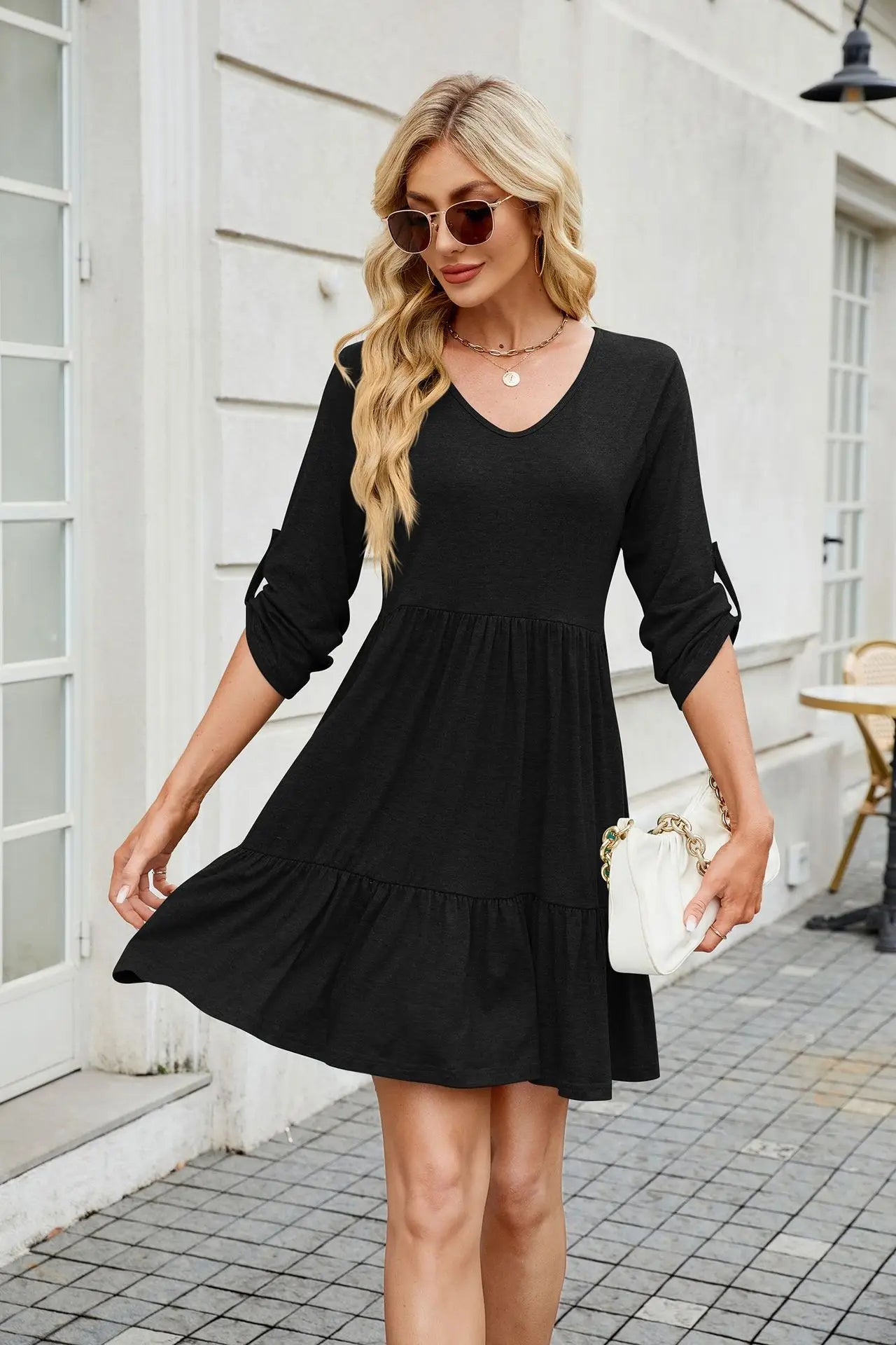 Women Spring Summer Loose 3/4 Sleeve V-Neck Ruched Ruffled Flowy Midi Dress EU US