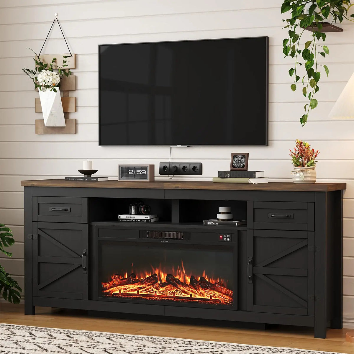80" Black TV Stand With Sliding Barn Door & Fireplace Insert, Modern Living Room Media Console, Customized