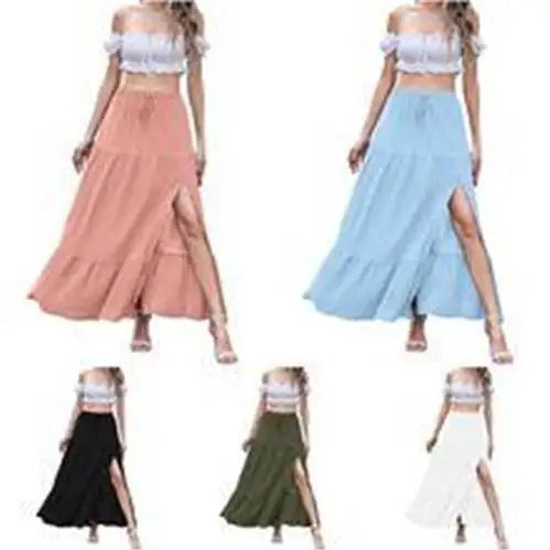 Bohemian Pure Color Side Slit  Skirt Women's Fashion Summer New Arrival Cross-Border mid Waist H-Shape PVC Fabric Skirt