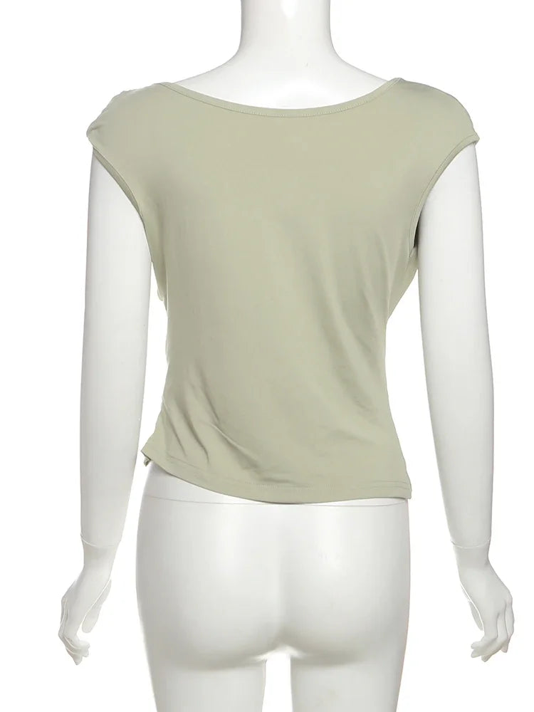 Irregular Metal Knots Tops Women Sexy Pleated Skinny High Stretch Solid Daily Casual Simple Streetwear Basic Tees