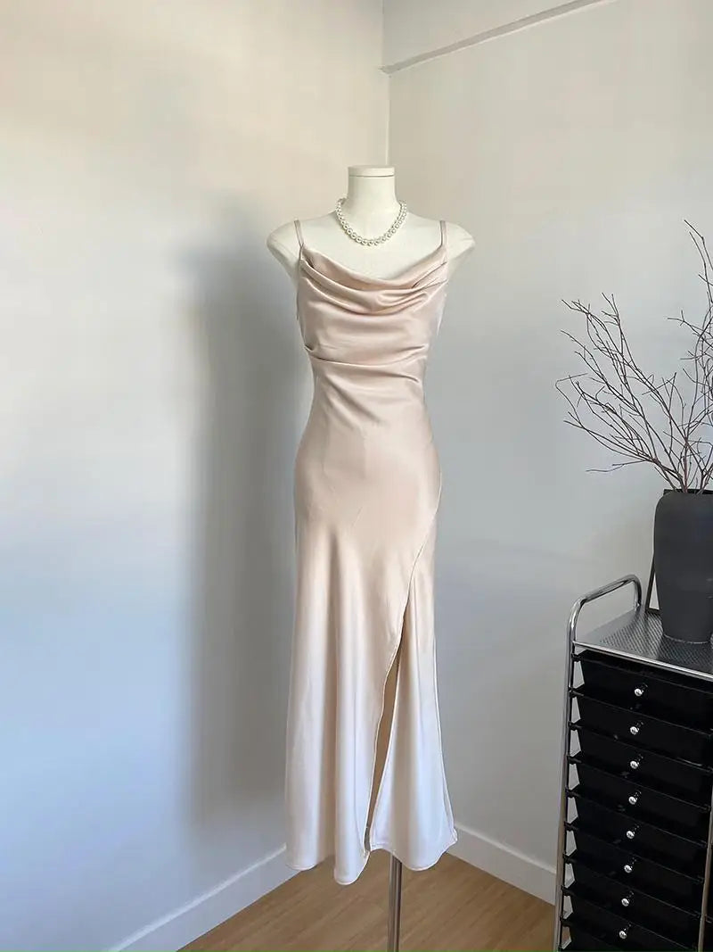 Women's Sexy Swinging Collar Satin Strap Long Dress Lady Summer Solid Color Slim Pleated Wasit Split Party Dress