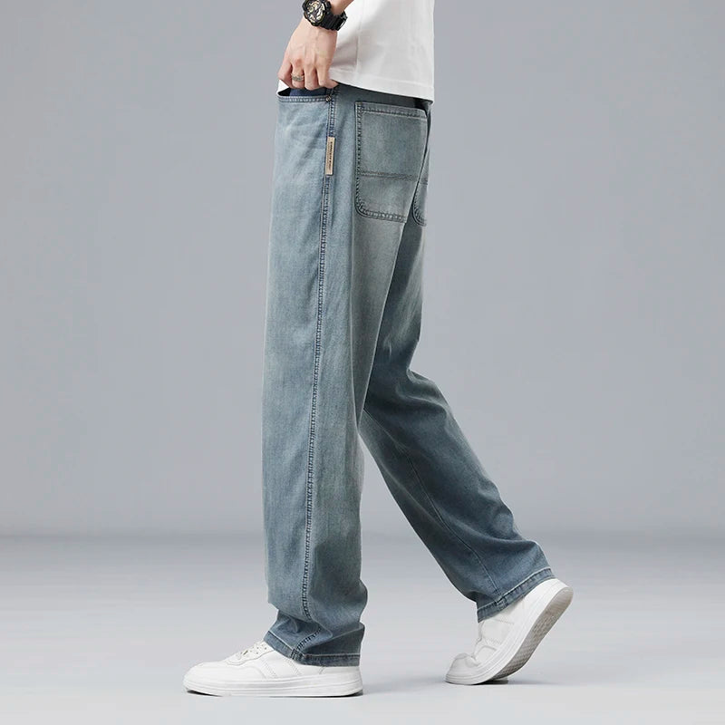 Summer Ultra-Thin Lyocell Men'S Jeans Drape Soft Fabric Loose Straight Casual Denim Pants Elastic Ice Silk Male Trousers