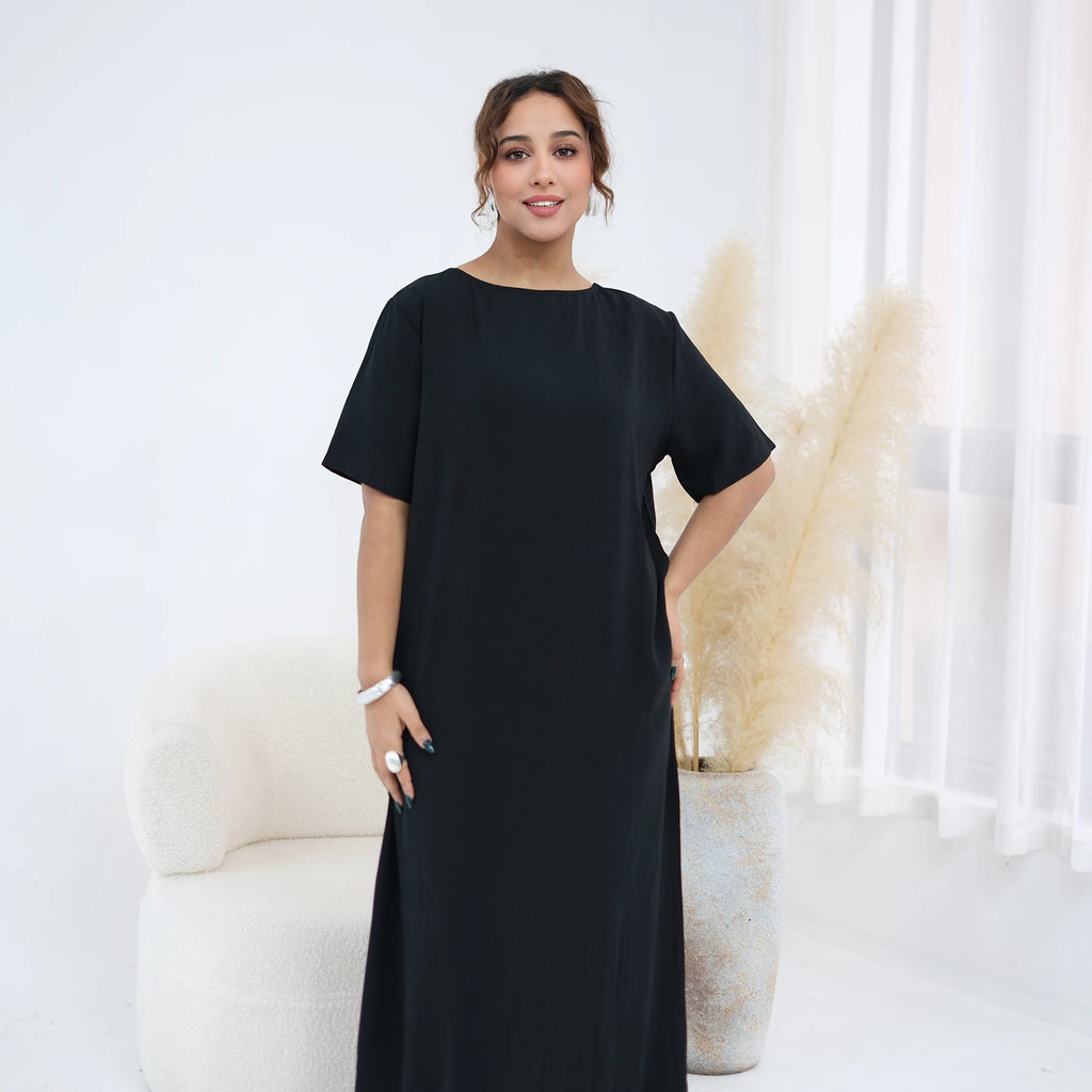 Modest Short Sleeve Women Inner Dress Basic Abaya Muslim Eid Ramadan Round Neck Maxi Loose Casual Long Versatile Fashion Kimono