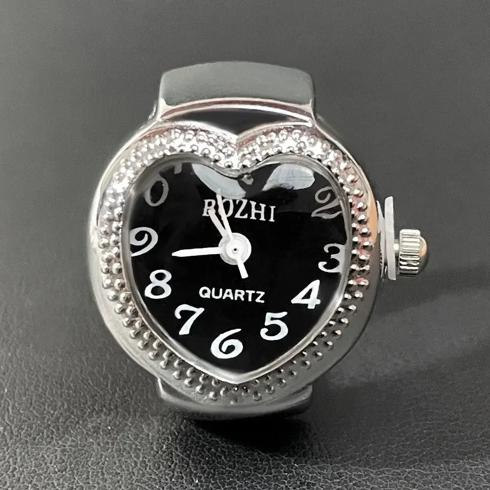 Finger Ring Watch For Couples Vintage Punk Heart Shape Quartz Clock With Adjustable Elastic Strap