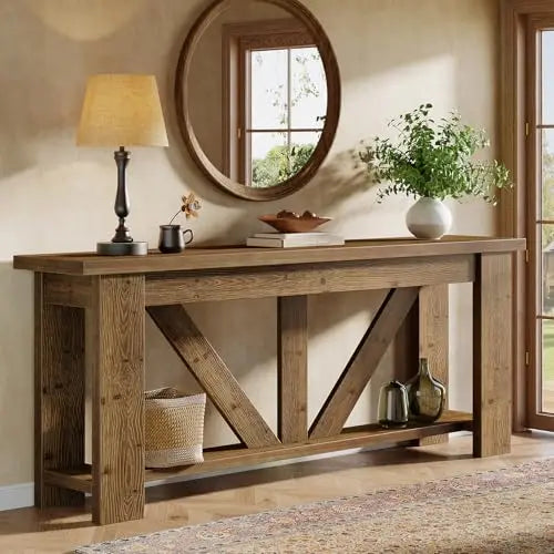 Solid Wood Sofa Table, 70.9 Inches Extra Long Console Table with 2 Tiers Storage Shelves, Rustic Entryway Table Behind