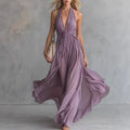 Solid Color V-neck Sleeveless Waist Cinching and Neck Hanging Dress for Slimming and Elegant Temperament Evening Gown