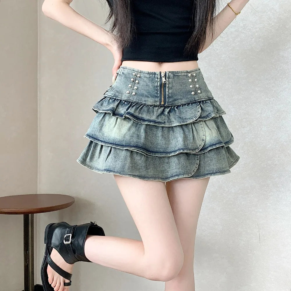 Summer Retro 2026 Korean Fashion Vacation Versatile Sexy Denim Cake Pleated Mini Skirt Women's High Waist Ruffle Short Skirt