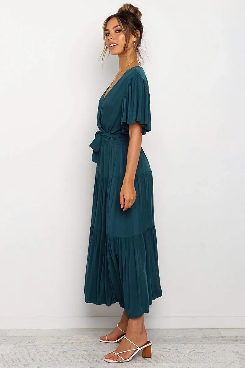 Summer Bohemian Long Dress Pure Color V-Neck Short Sleeve Empire Waist Design Floor Length with Belt Loose Fit Women's Dress