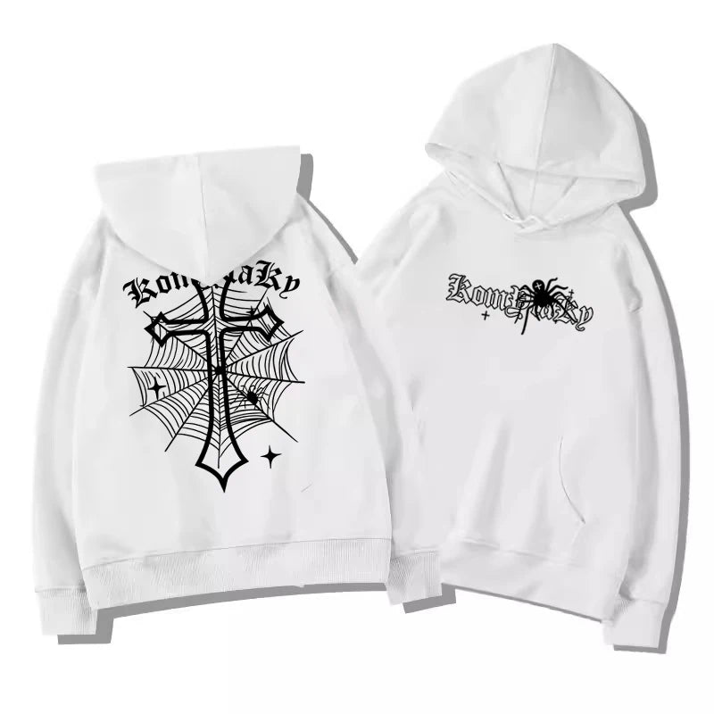 Spider Cross Print Fleece Hooded Sweatshirt - Men's Casual Pullover