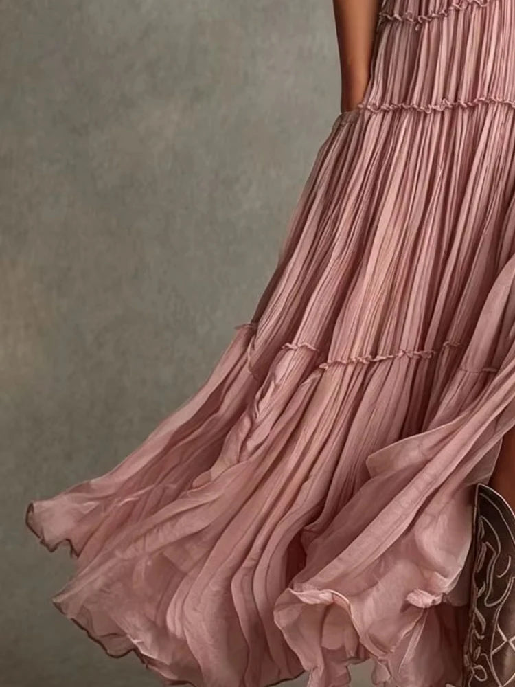 Retro Tiered Maxi Dress Deep V Sleeveless Ruffled Chiffon Flowy Long Dress Women Bohemian Pleated Split Hem Casual Dress